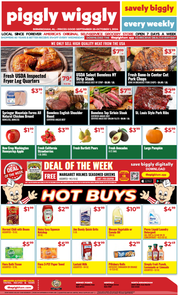 Piggly Wiggly weekly ad from September 25 to October 1, 2024, featuring discounts on meats, produce, and grocery items such as boneless NY strip steak, fryer leg quarters, Bartlett pears, and hot buys like Fiora bath tissue and Heinz ketchup.
